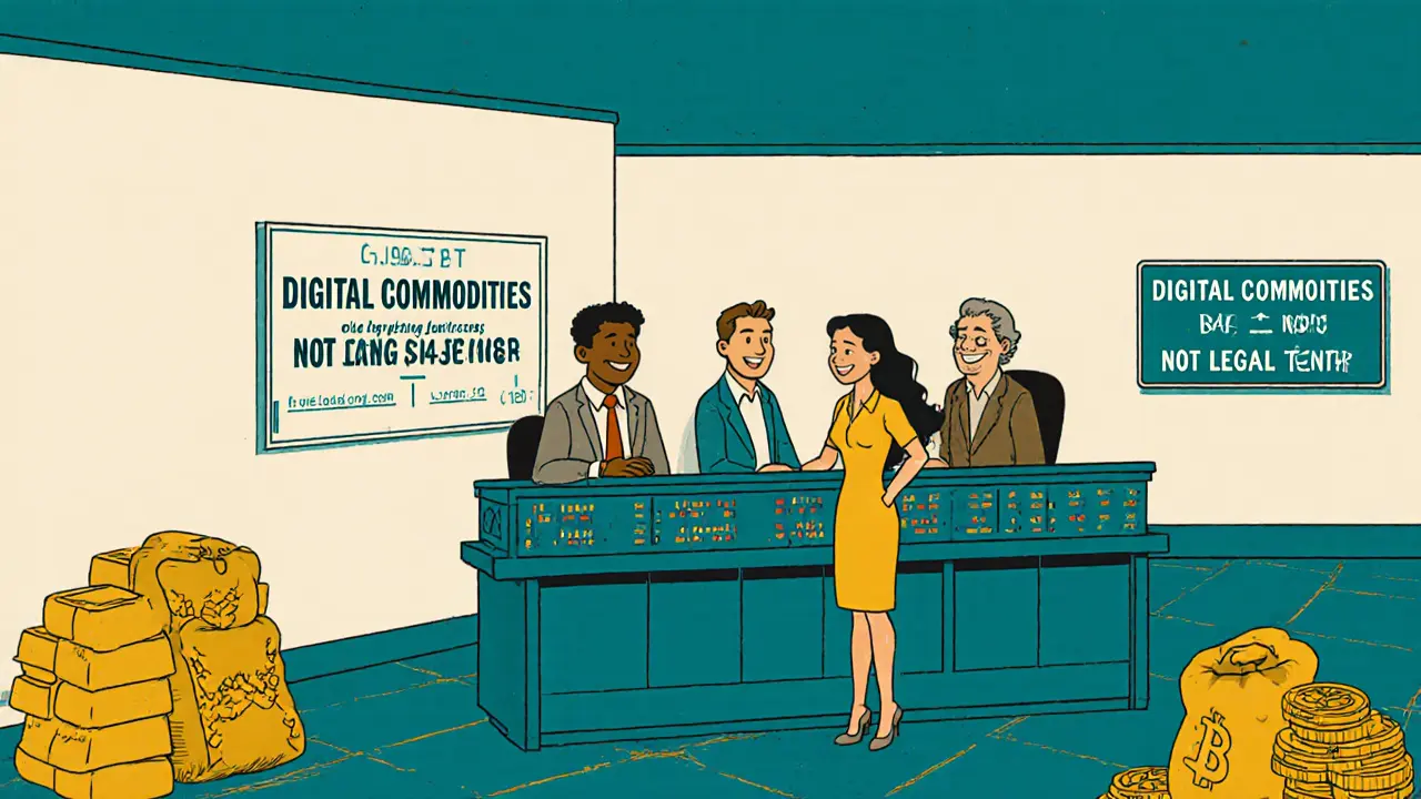 Investors trade Bitcoin on a regulated exchange alongside gold and soybeans, labeled as digital commodities.