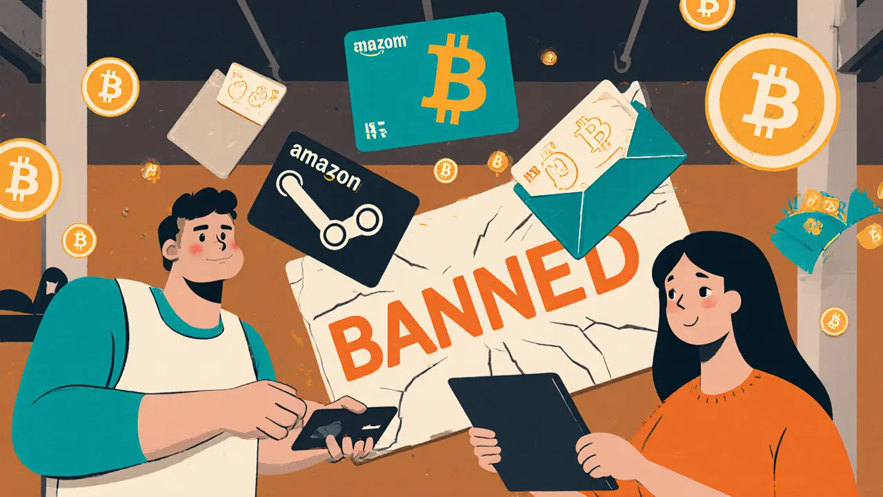 Market vendors exchanging gift cards for digital Bitcoin tokens in a vibrant scene.