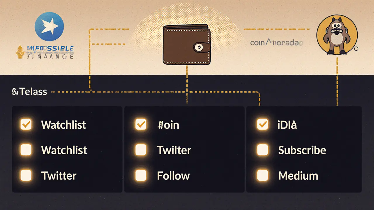 Six checklist items glowing as a wallet connects to CoinMarketCap and Impossible Finance logos.