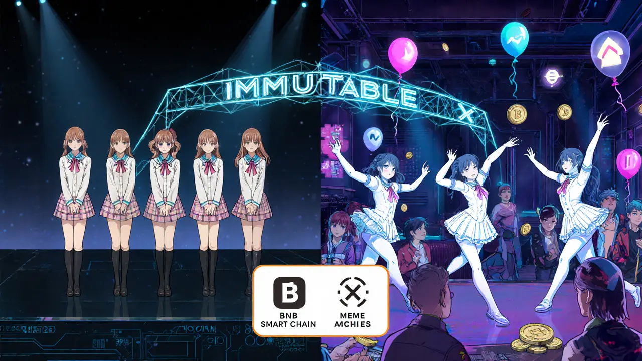 Split-screen of real idols and AI versions in a metaverse lounge with token exchanges.