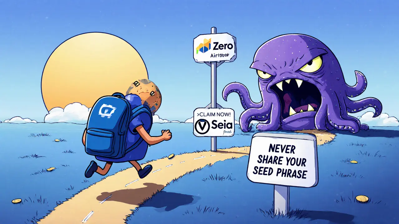 A cartoon wallet running from a phishing monster toward safe crypto projects like LayerZero and Sei Network.