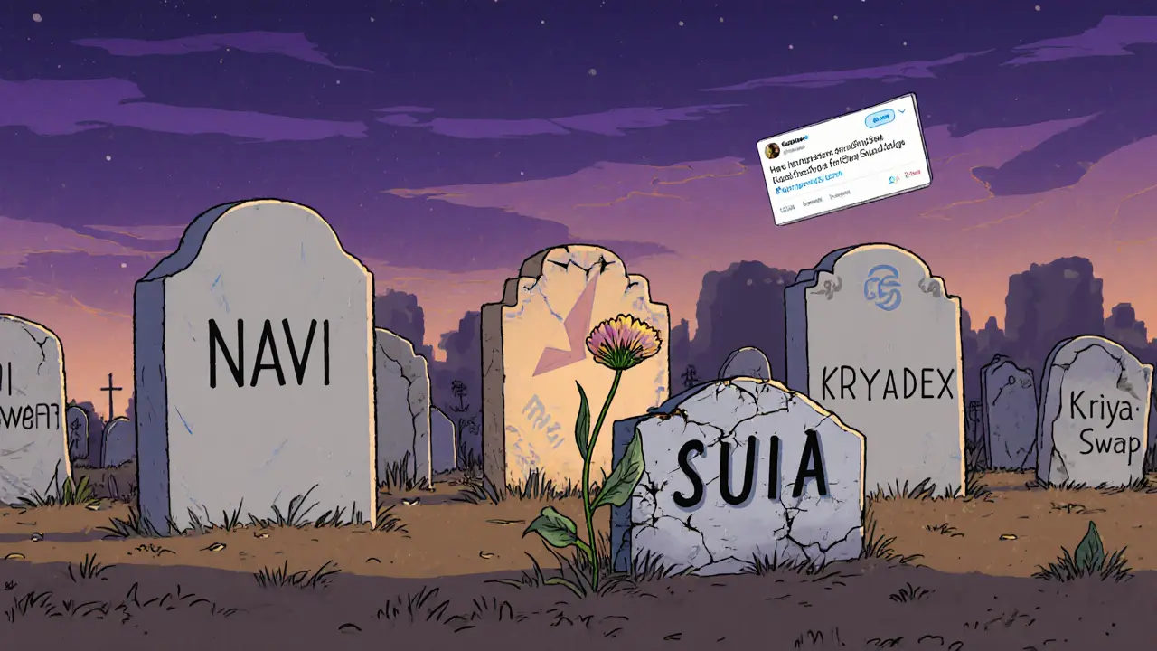 A crypto graveyard with SUIA&#039;s tiny tombstone among thriving projects under a twilight sky.