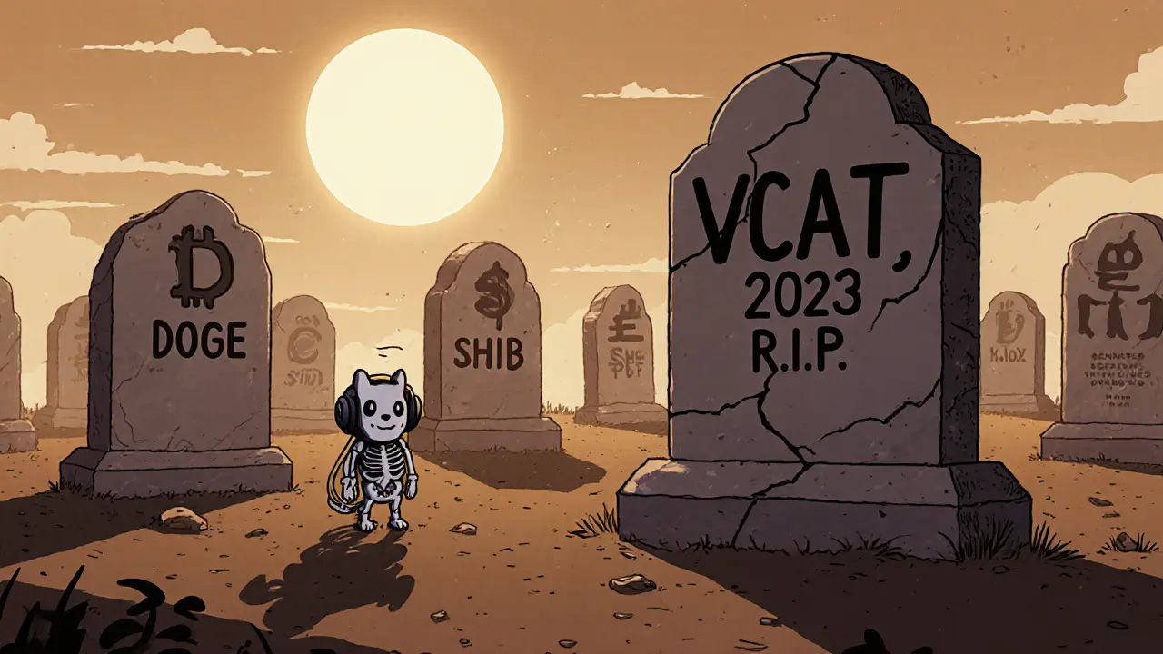 A graveyard of crypto tokens with a tombstone for VCAT and a skeletal cat listening to music.