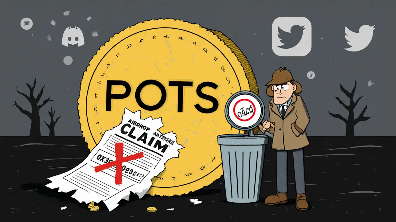 A worthless POTS token in trash beside a detective examining its contract address with a red X.