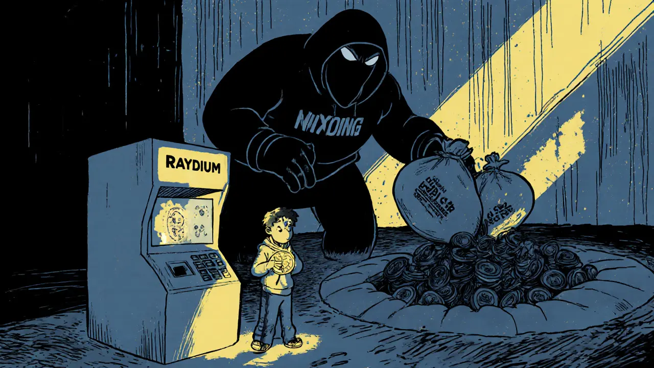 An investor at a flickering exchange terminal while a shadowy figure dumps tokens into a pit.