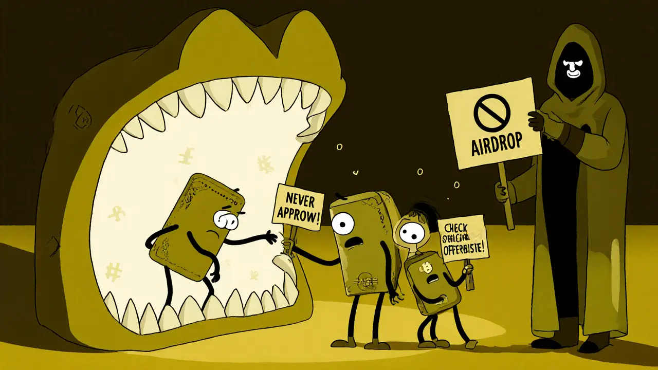 Cartoon wallets avoiding a scam portal while holding warning signs about official sites.