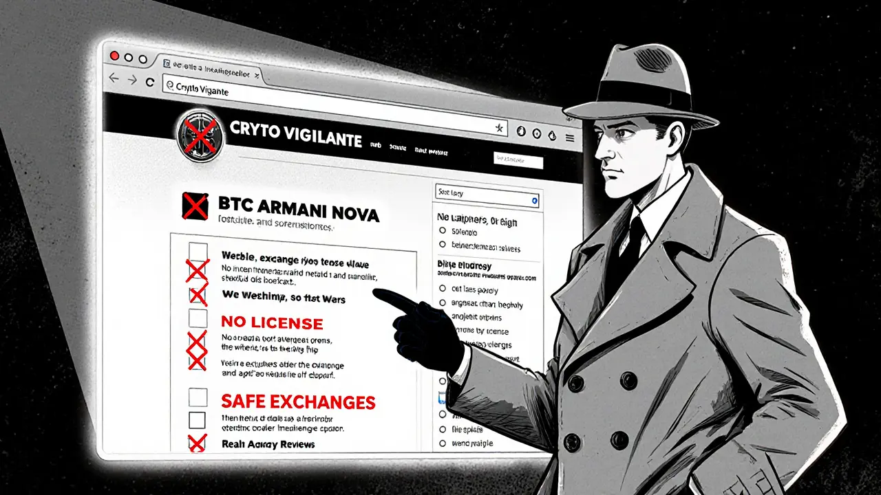 Crypto detective exposing a fake exchange with checklist of safety features in noir cartoon style.