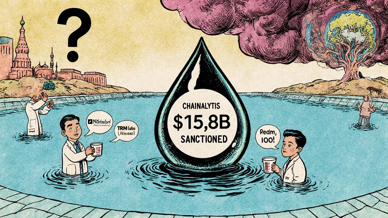 Crypto transaction pool with tiny analysts arguing over .8B in sanctioned funds