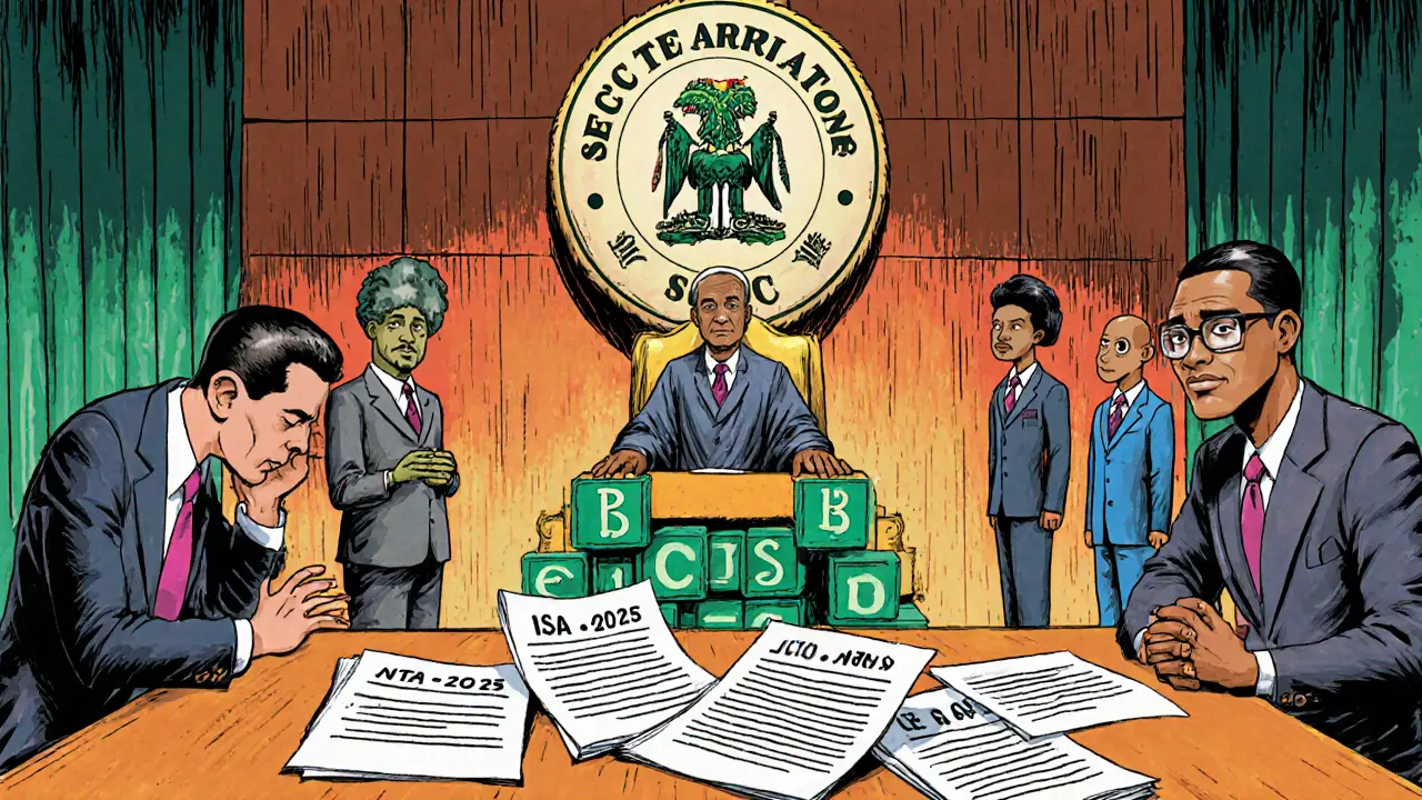 Entrepreneurs applying for crypto license before SEC judge surrounded by legal documents.