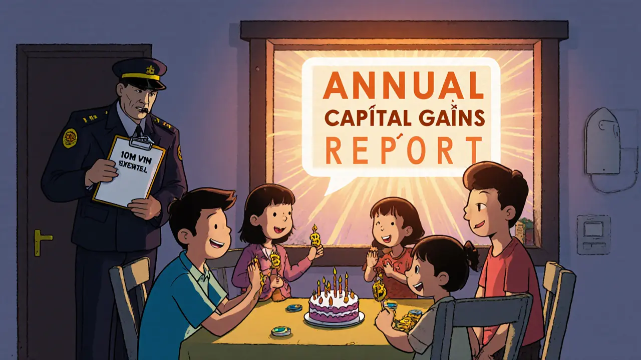 Family celebrates small crypto profit under a tax exemption sign.