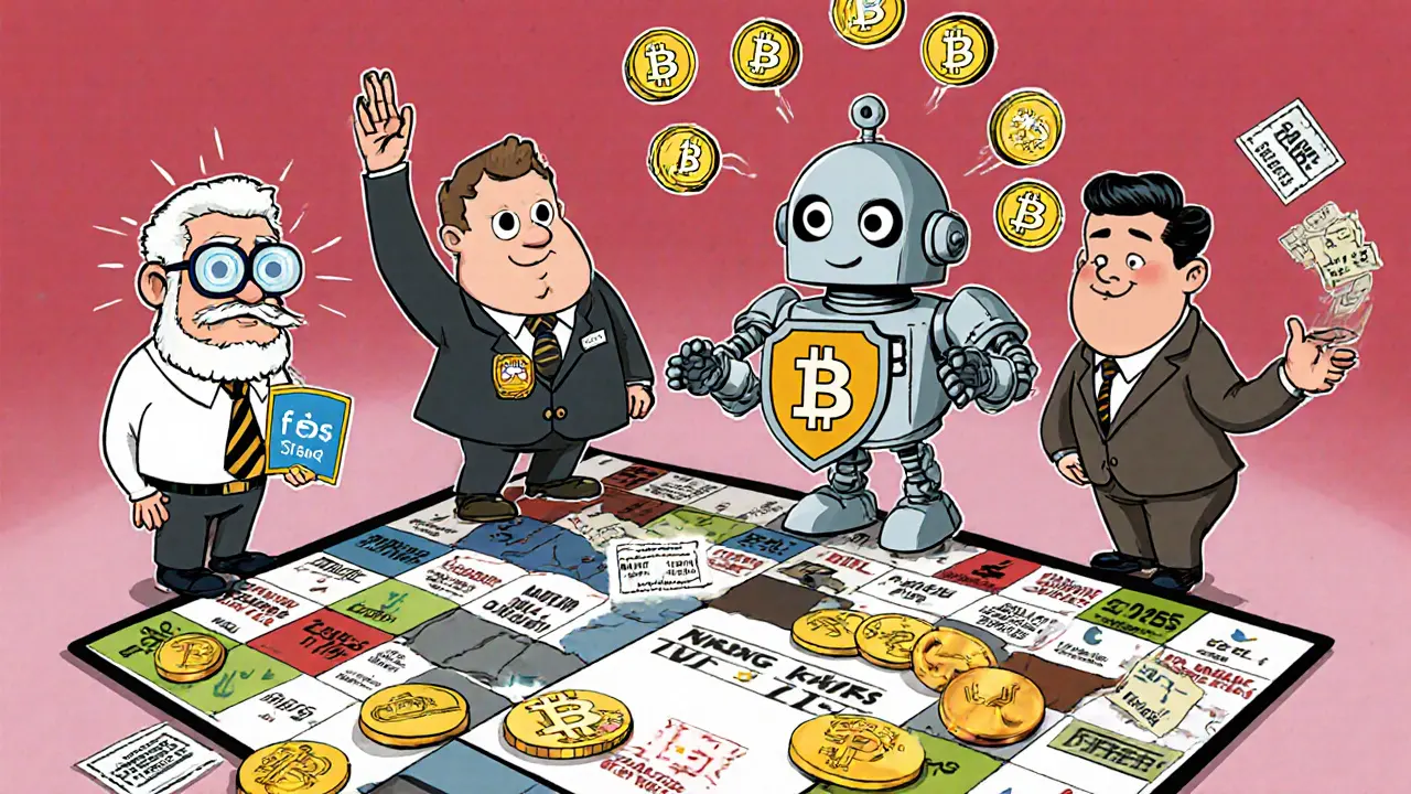 Four cartoon mining pool characters competing in a board game labeled &#039;Mining Race to 2025&#039;