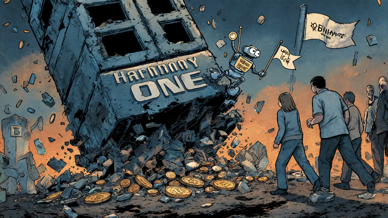 Harmony blockchain tower collapsing as traders walk away toward trusted exchanges in UPA animation style.