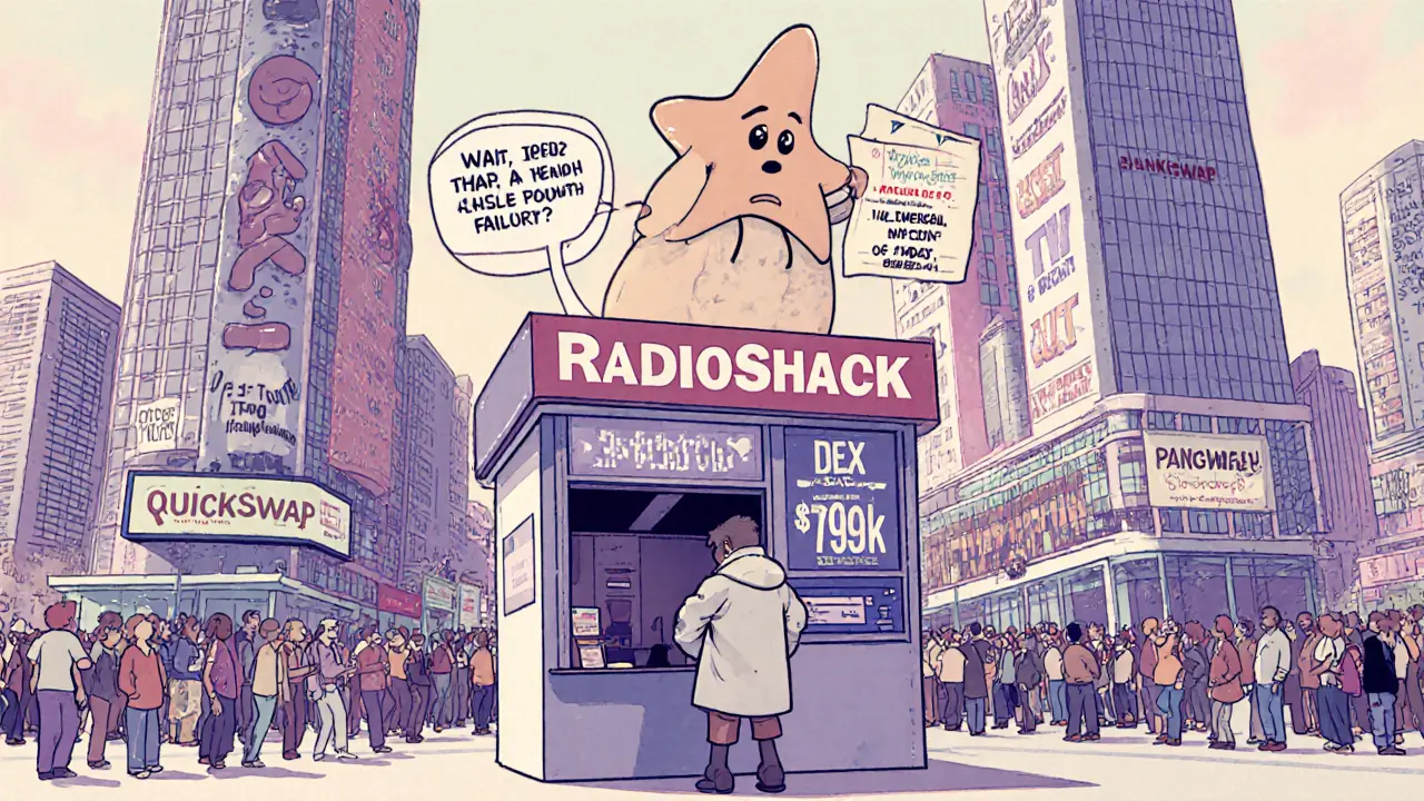 Lonely RadioShack Swap kiosk dwarfed by massive competing DEXs with overflowing liquidity pools.