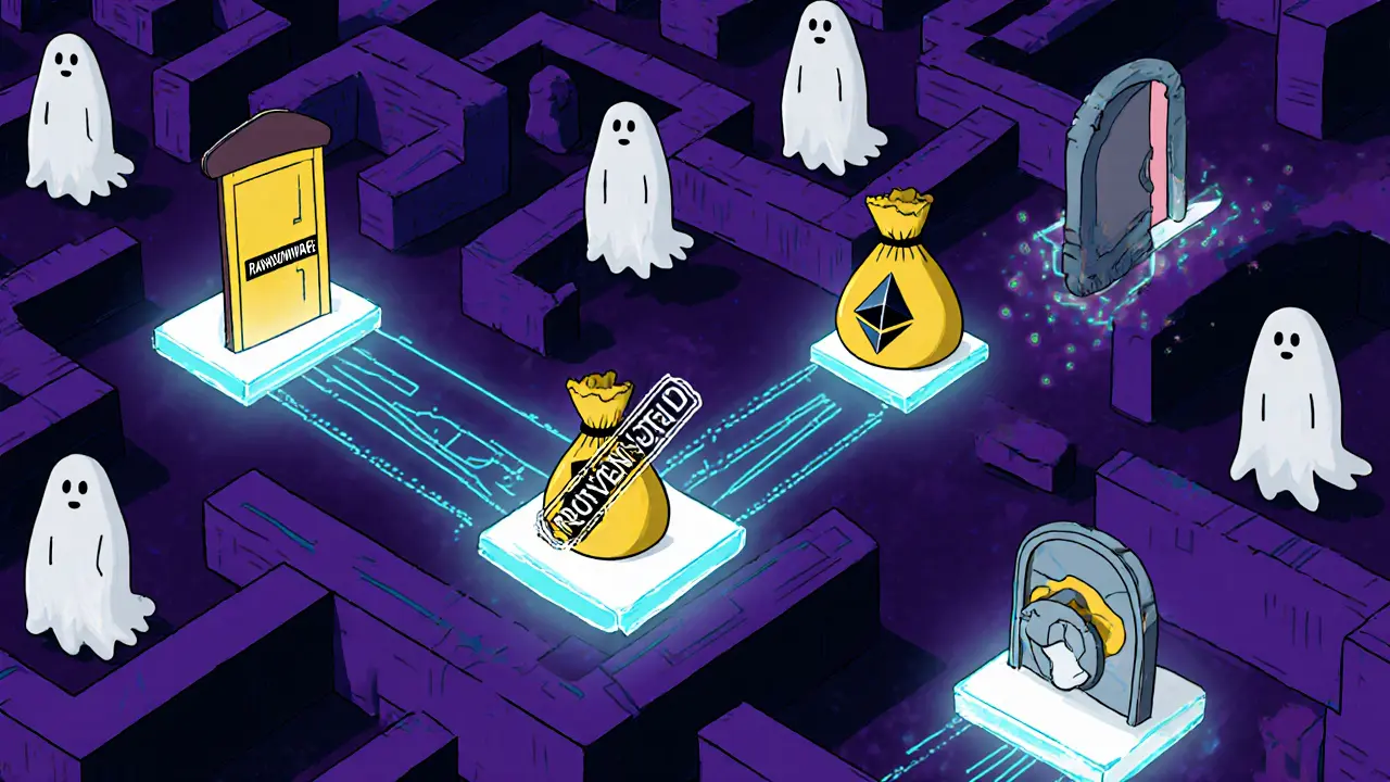 Money bags hopping between blockchain bridges in a DeFi labyrinth with blacklisted wallet