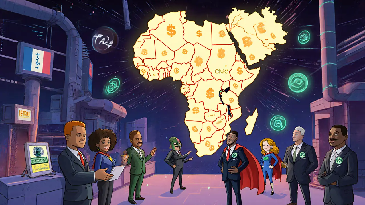 Regulatory superheroes protect Nigerian fintech hub from fraudsters in colorful digital scene.