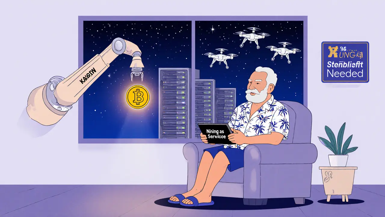 Retiree receiving Bitcoin via automated service from a distant data center