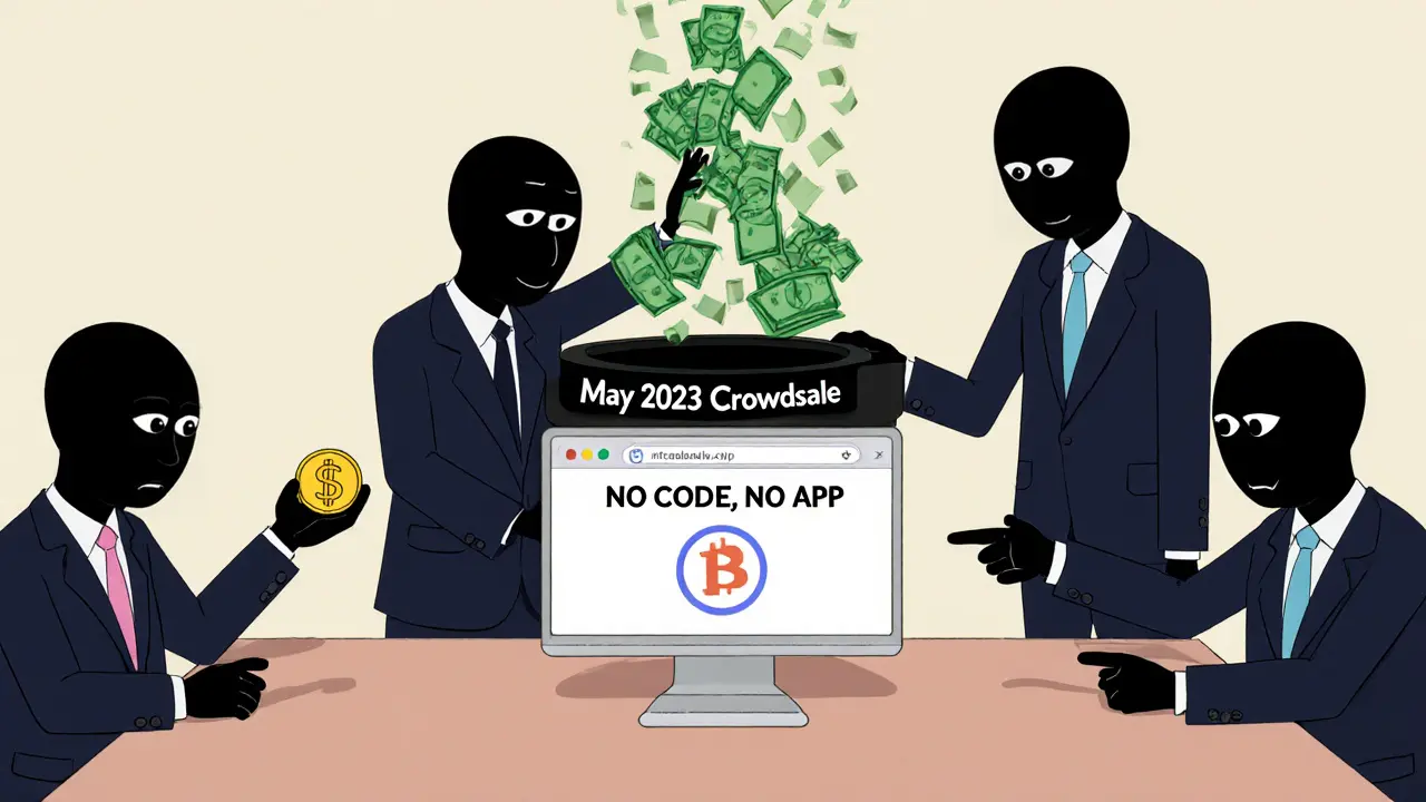 Shadowy figures dumping cash into a black hole labeled &#039;No Code, No App&#039; in a cartoonish boardroom scene.