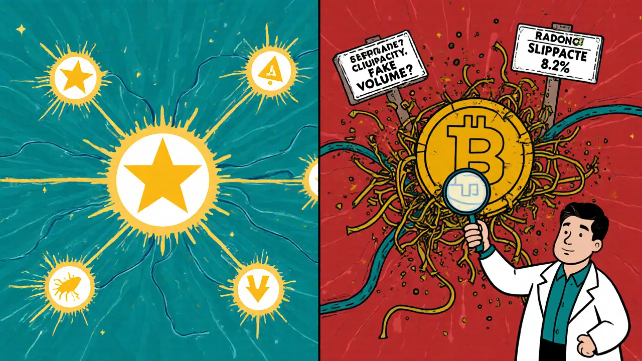 Split scene: ideal starfish network collapsing as RADIO token fails, with warning signs and expert pointing.