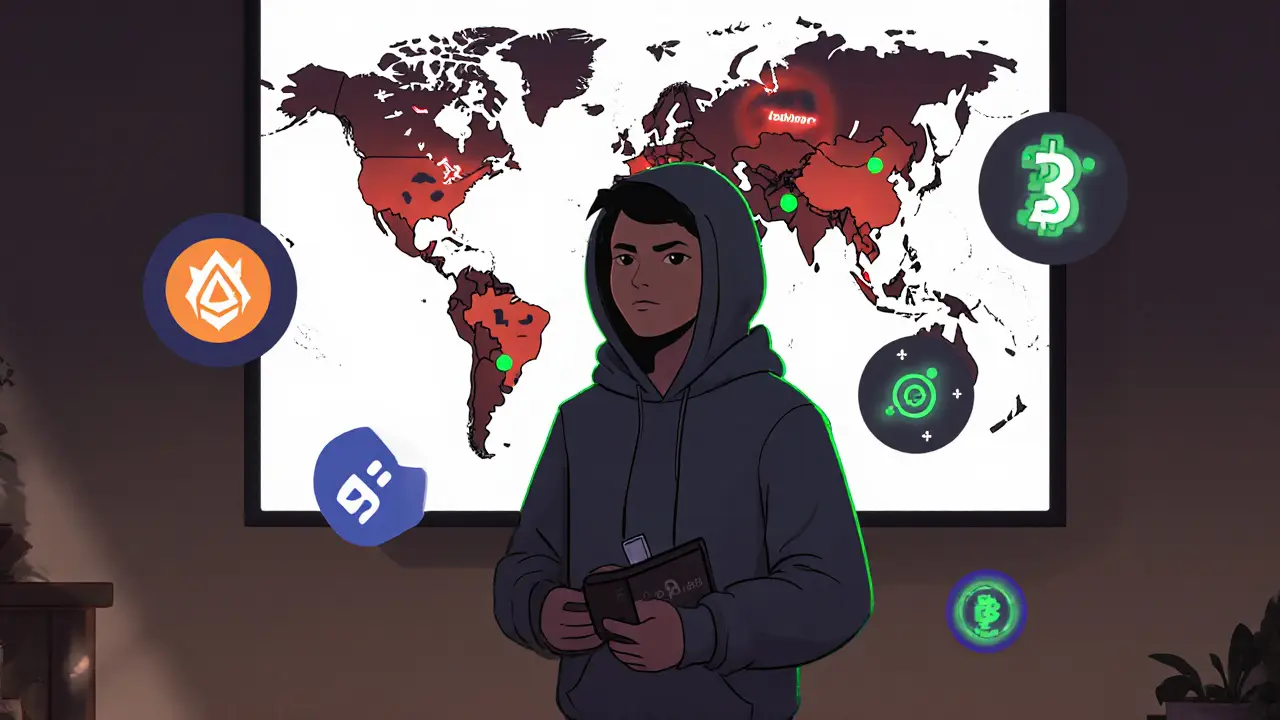 A user with a hardware wallet surrounded by decentralized crypto platforms on a global map.