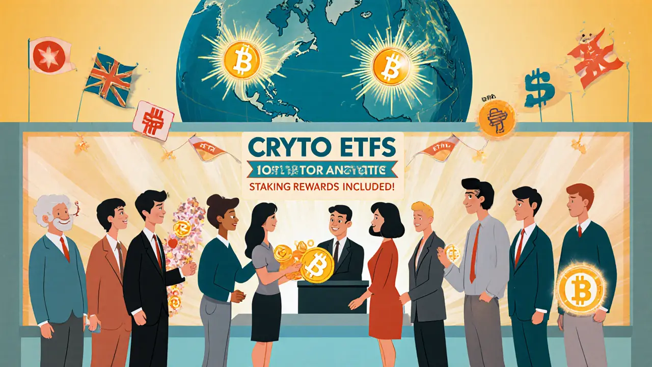 Diverse investors receive Bitcoin and Ethereum ETF shares at a bank counter, with global ETF adoption shown on a globe.