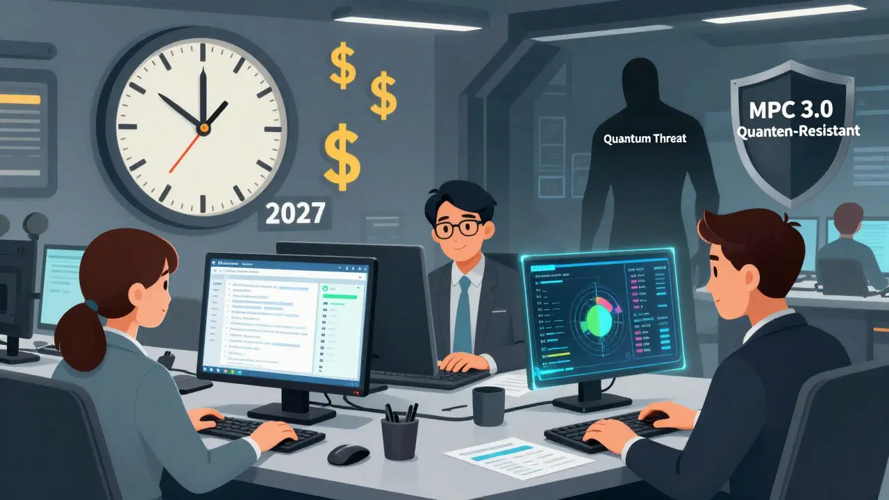 Institutional team managing crypto custody with holographic dashboard and quantum threat in background, in UPA cartoon style