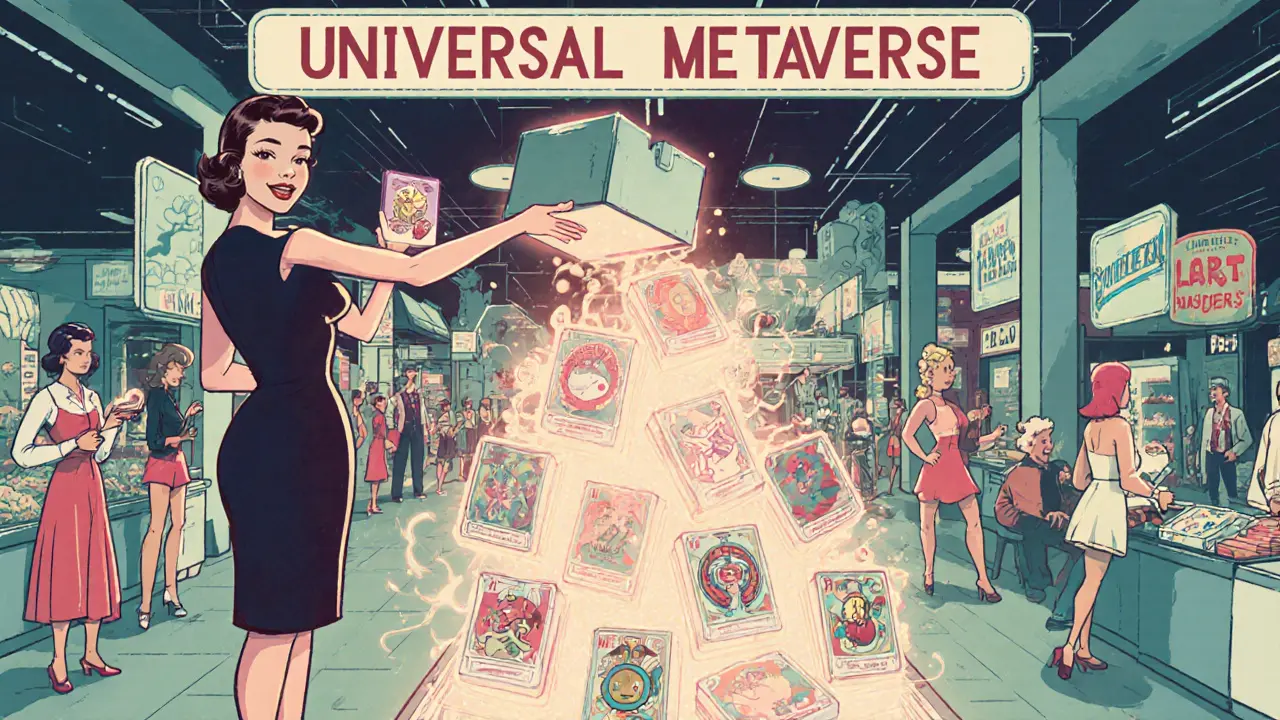 Maye Musk opening a mystery box that releases NFTs into a digital marketplace full of users.