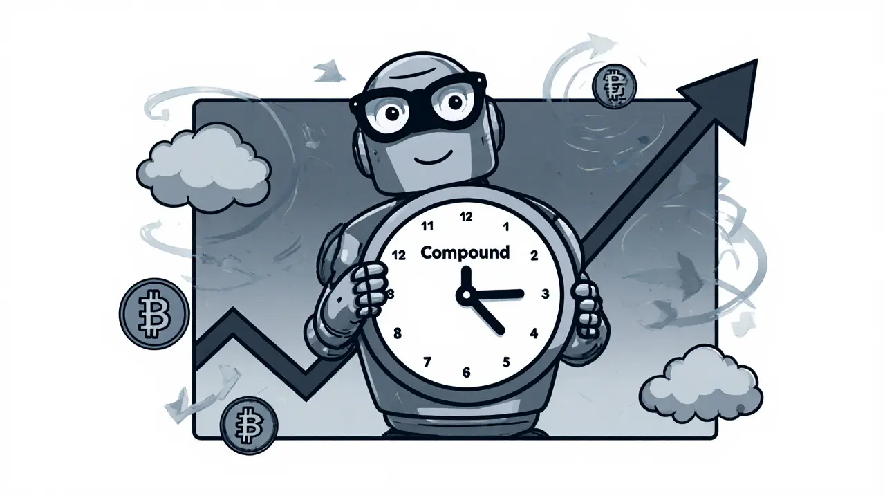 Robot labeled Compound adjusting clock with stablecoins floating peacefully nearby