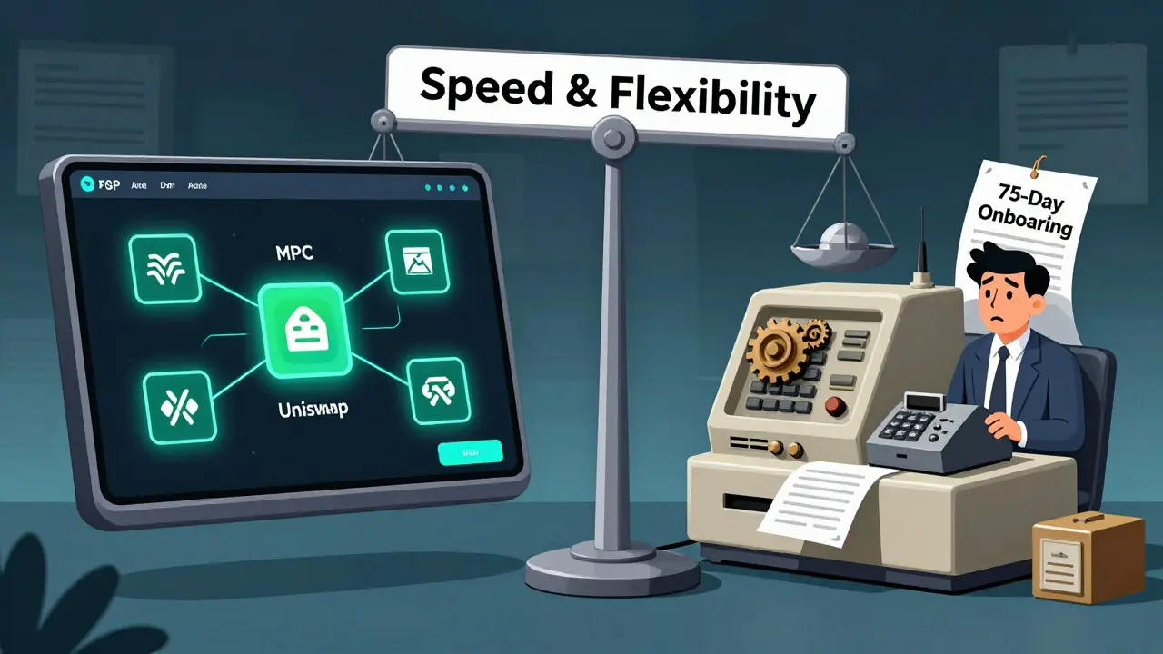 Split scene: modern FinTech custody interface vs. outdated bank terminal, in UPA cartoon style