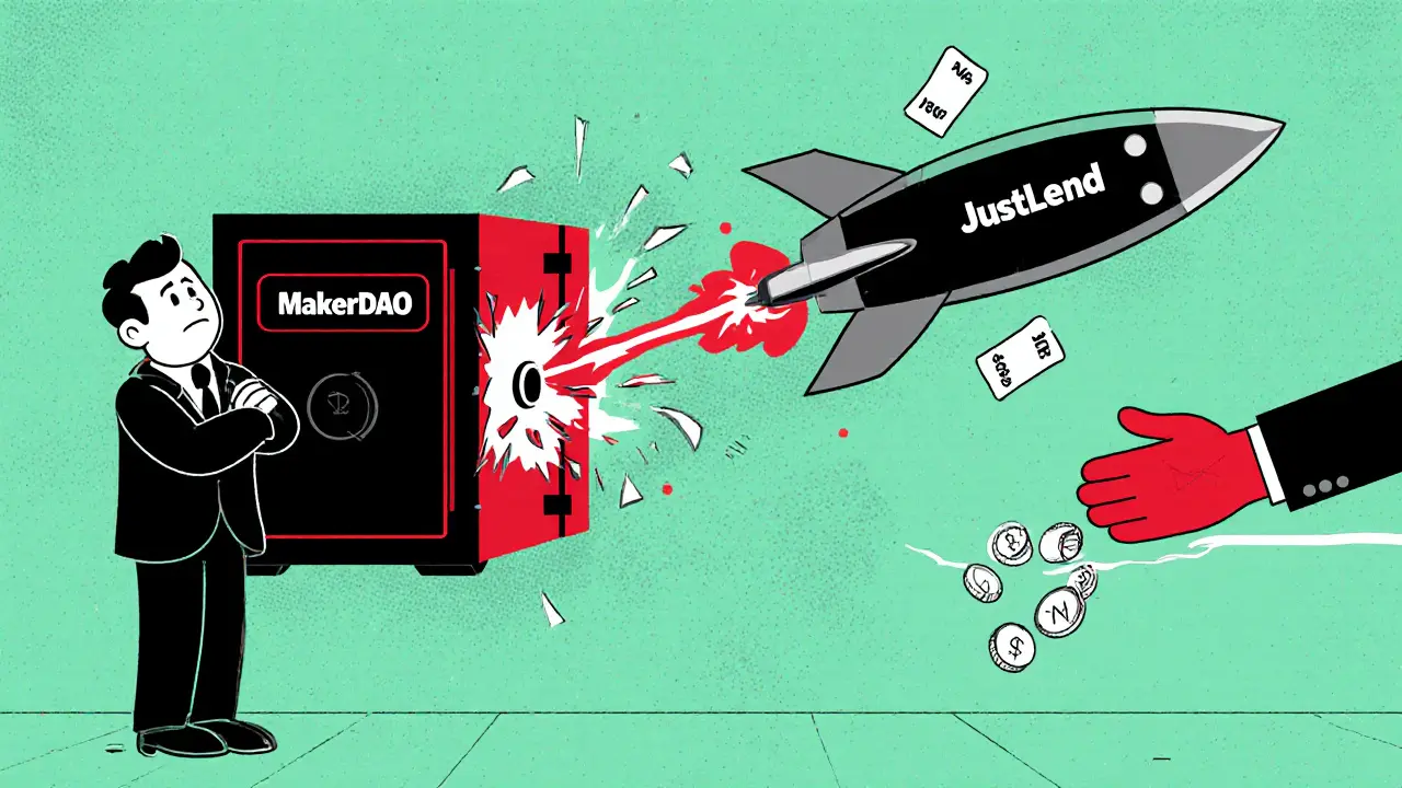 Trader watching MakerDAO vault collapse as JustLend rocket flies by with tiny fee tags