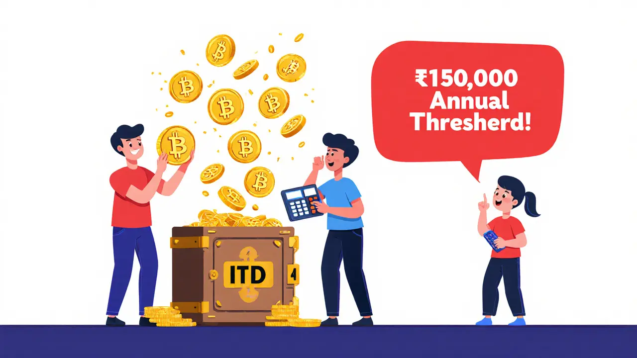 Two characters exchanging crypto coins, each paying 1% TDS to a tax vault.