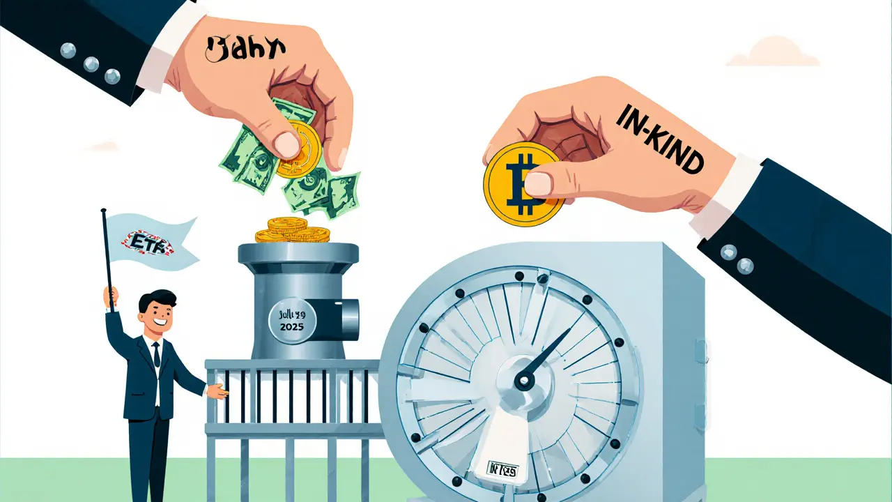 Two hands exchange cash vs. crypto for ETF shares, with in-kind processing shown as smooth and efficient.