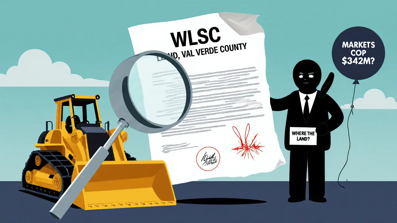 A magnifying glass reveals a blank deed with &#039;47 Holders&#039; scribbled on it beside a stalled bulldozer.