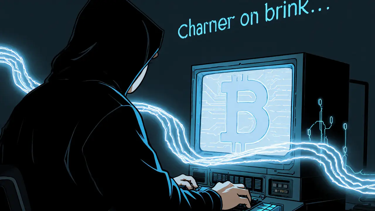 A mysterious figure mining the first Bitcoin block with a glowing blockchain ribbon and a newspaper headline in binary.