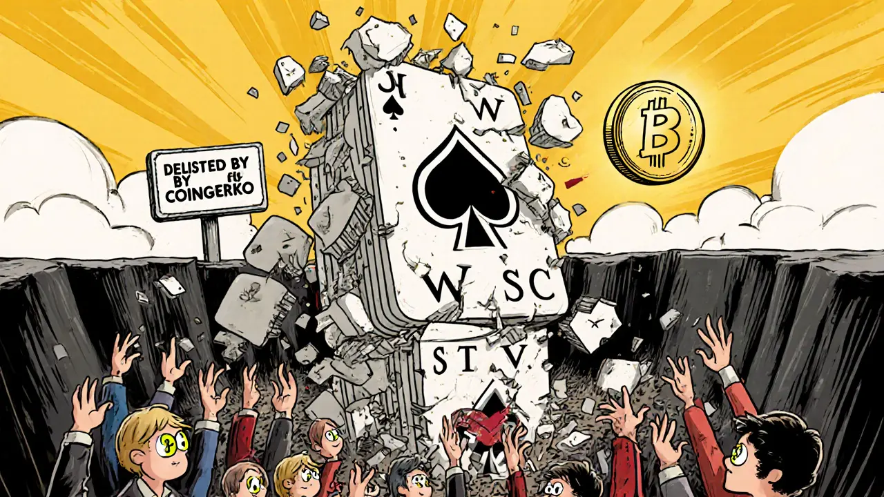 A tower of playing cards labeled WLSC collapses into a pit labeled &#039;Zero Volume&#039; as investors reach helplessly.