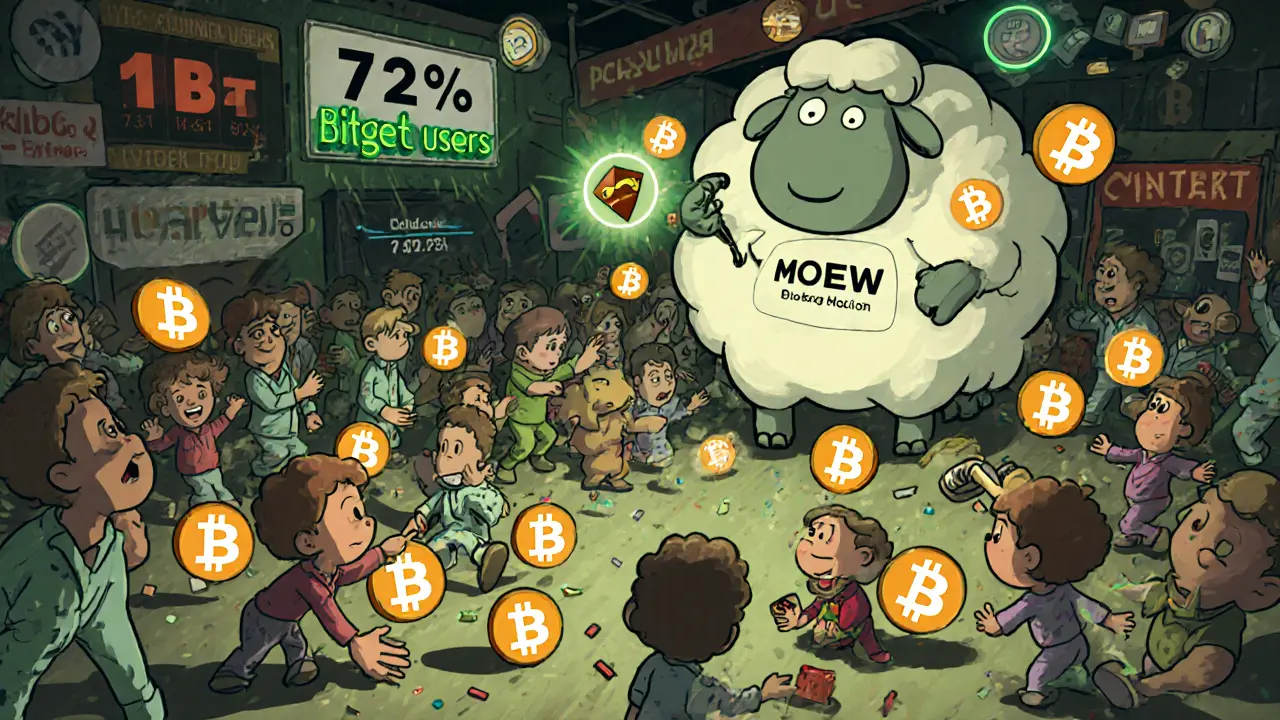 Chaotic trading floor with investors buying MOEW tokens as a robotic sheep waves a magic wand.