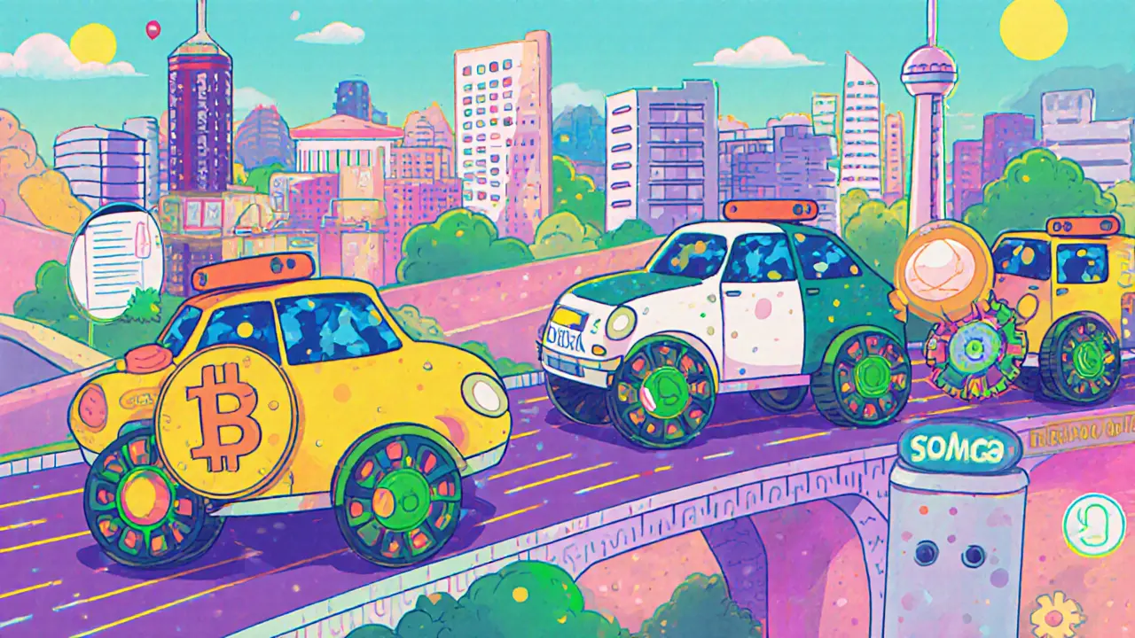 Colorful blockchain vehicles connected by bridges, traveling through a landscape of NFTs, DeFi towers, and digital records.