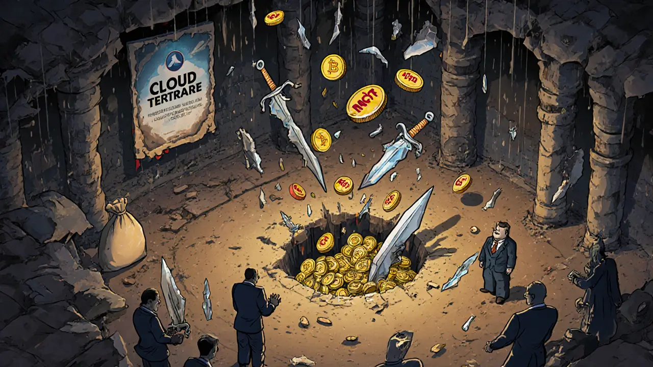 Crumbling fantasy arena with falling MCRT tokens and investors dumping tokens into a pit.