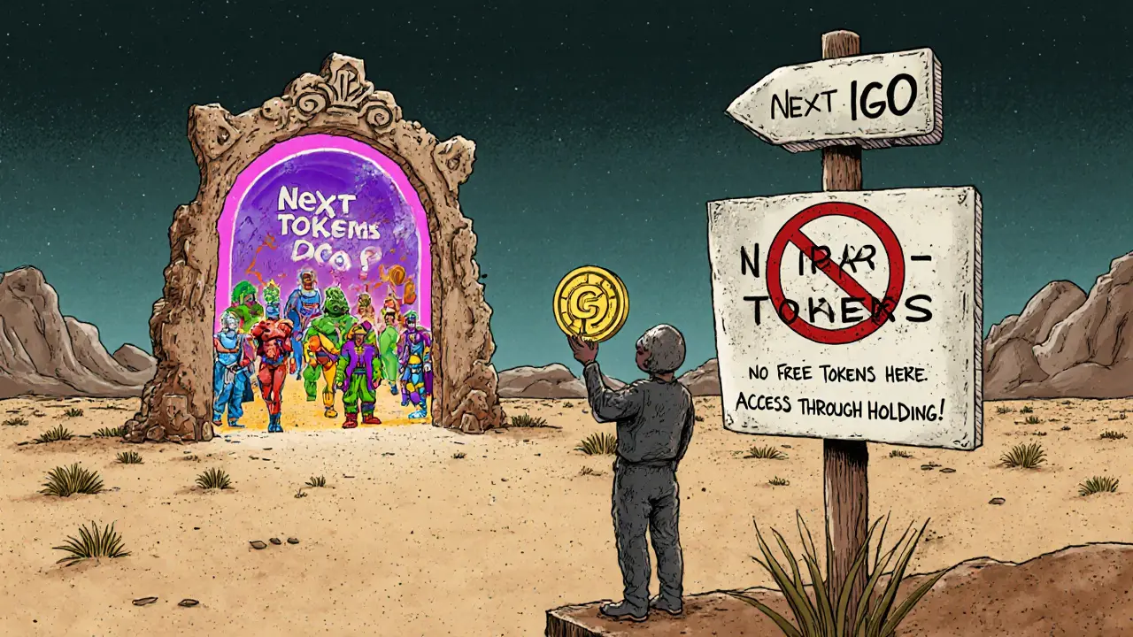 Figure holding GZONE token as key, standing before a portal to new game launches in a barren desert.