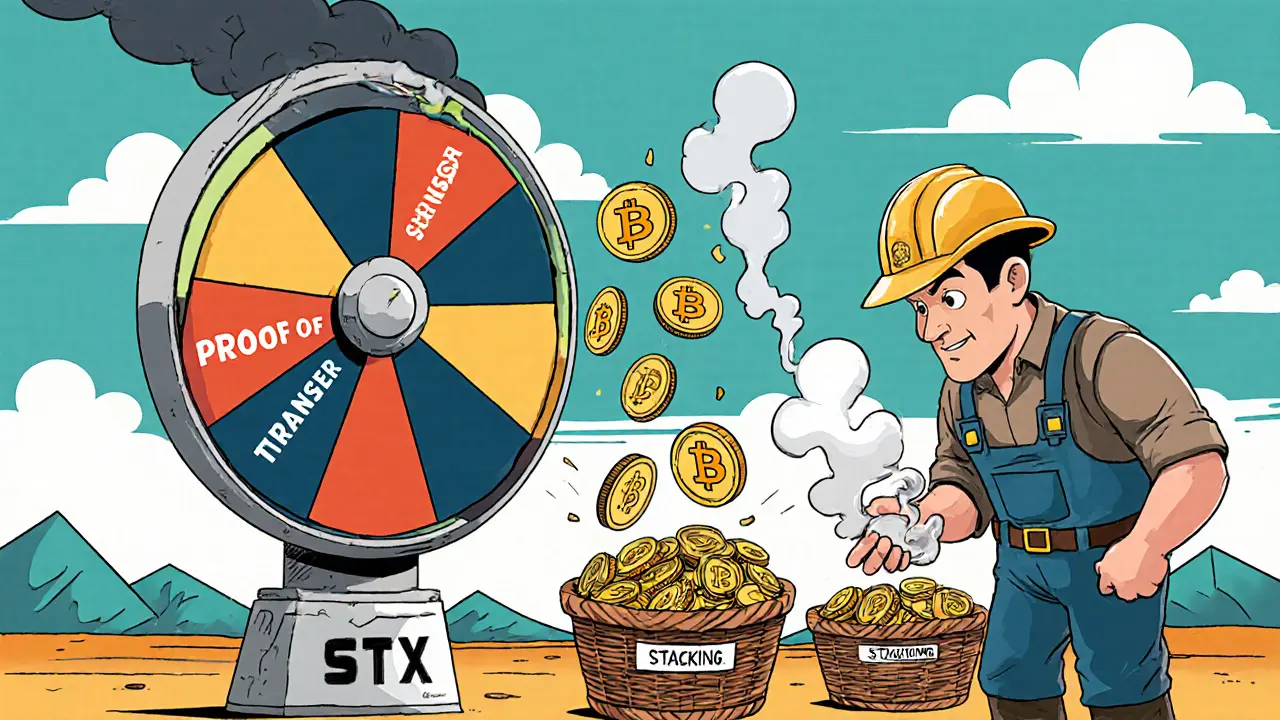 Miner tossing BTC into a wheel while STX holders catch Bitcoin rewards