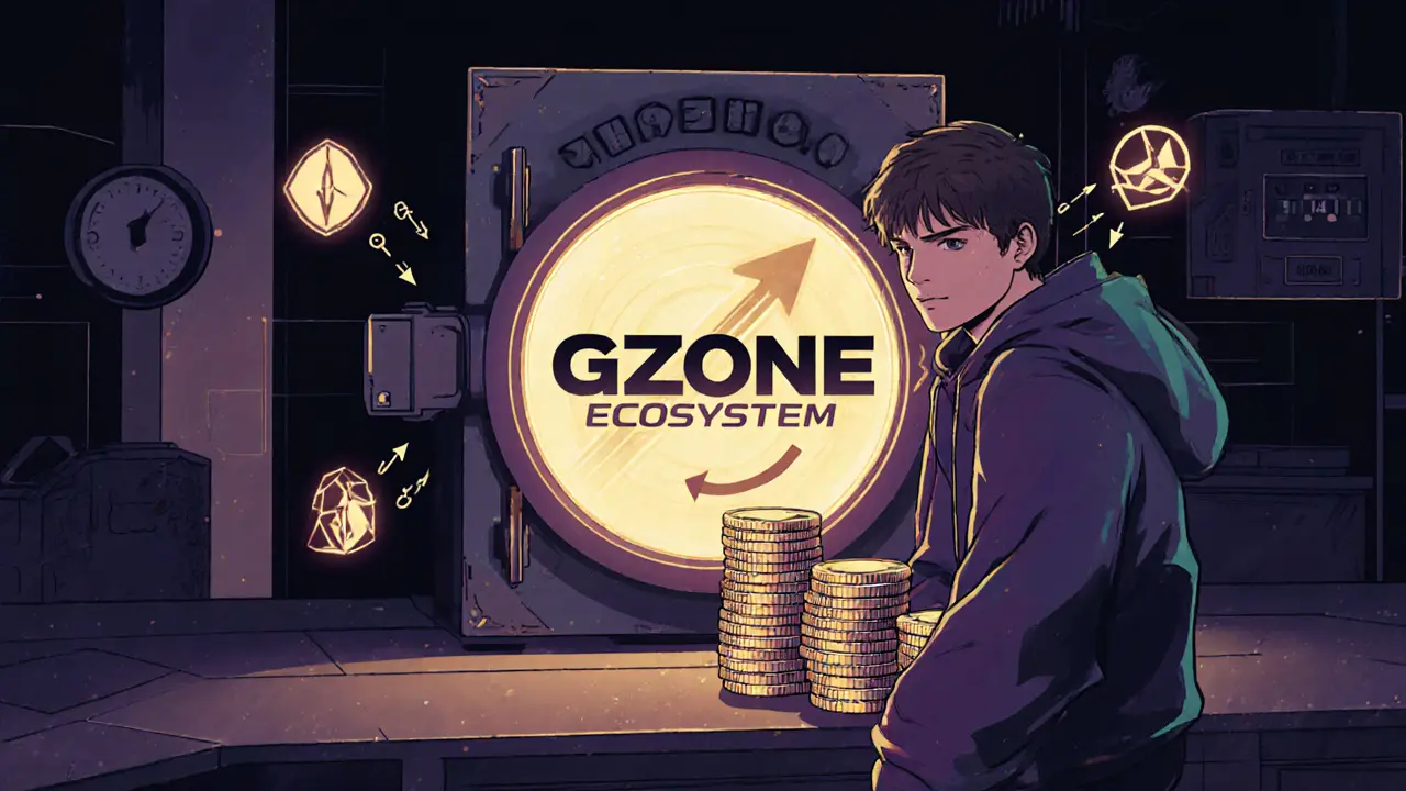 Player staking GZONE tokens in a glowing vault with multi-chain icons and IGO timer in background.