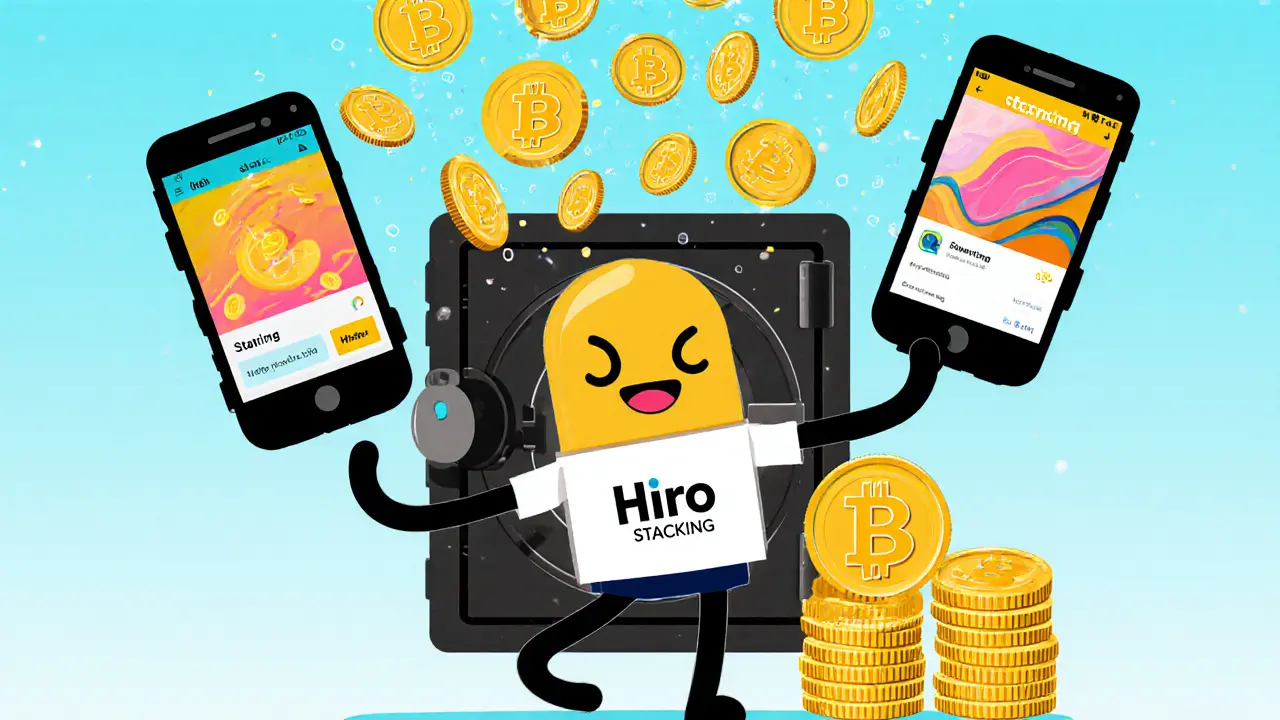 Wallet character locking STX to receive Bitcoin rewards in cartoon scene