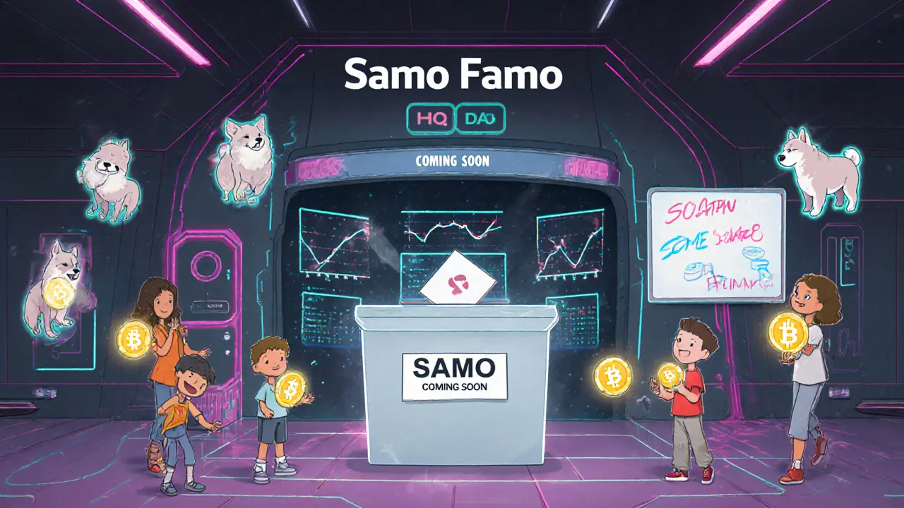 A community votes in a futuristic hall with SAMO tokens and DAO signs glowing in the background.