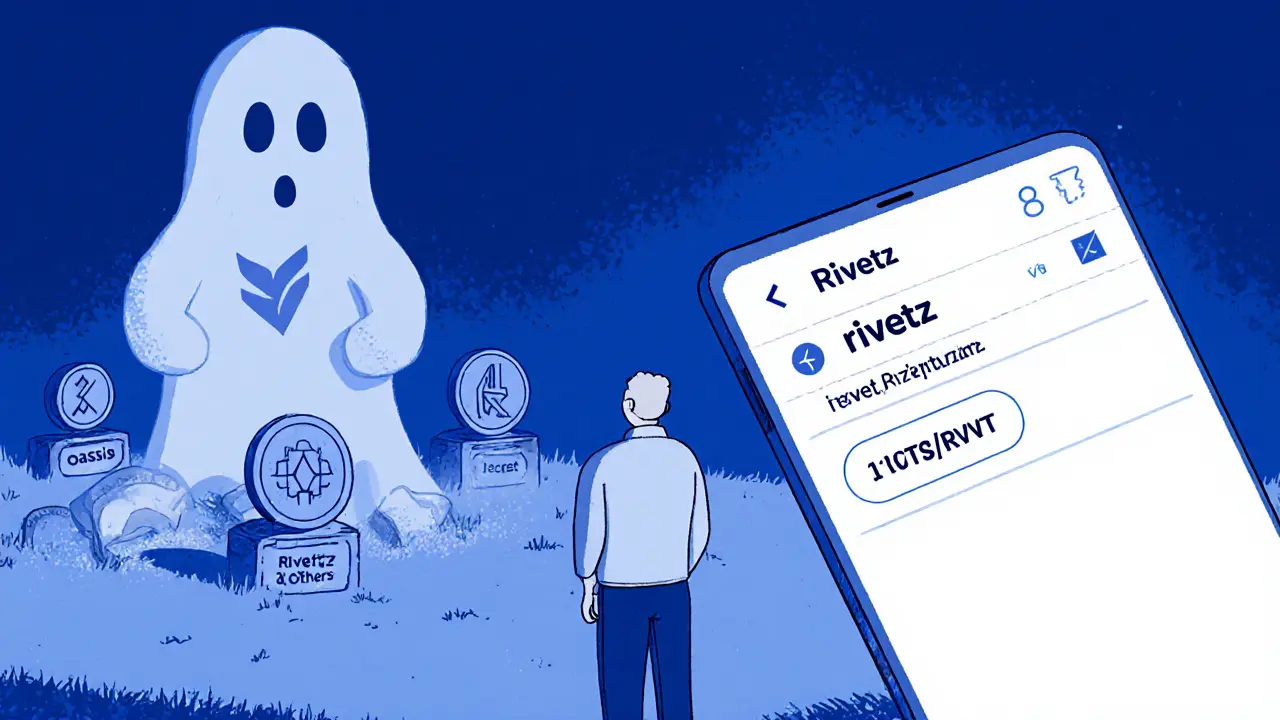 A lonely investor stares at a blank phone as the Rivetz logo fades into a crypto graveyard.