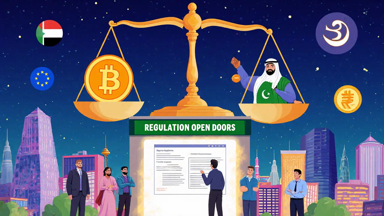 A scale balances Bitcoin and Pakistan&#039;s CBDC as global regulators watch, with startups submitting applications through a glowing portal.