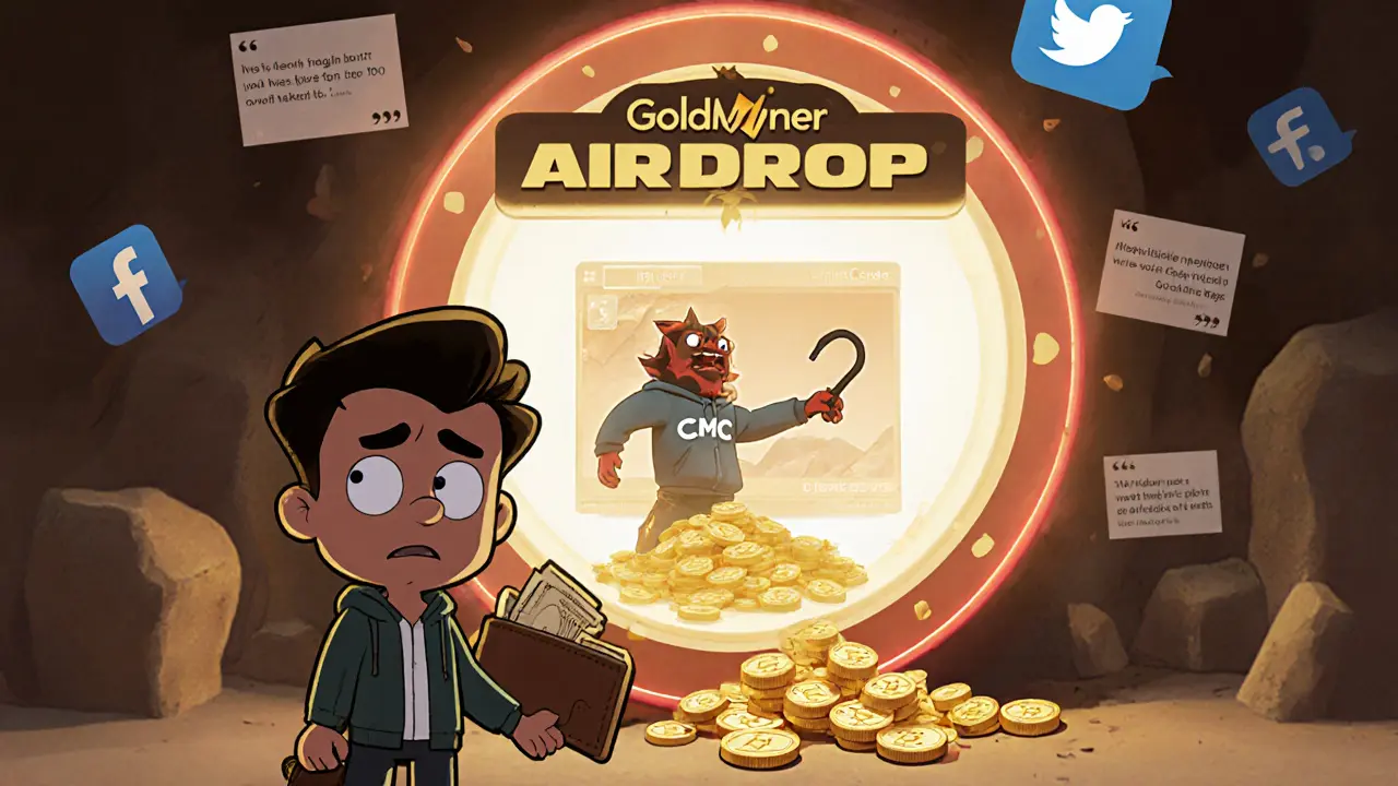 An investor about to enter a scam portal with a demon in CMC clothing, surrounded by fake testimonials.