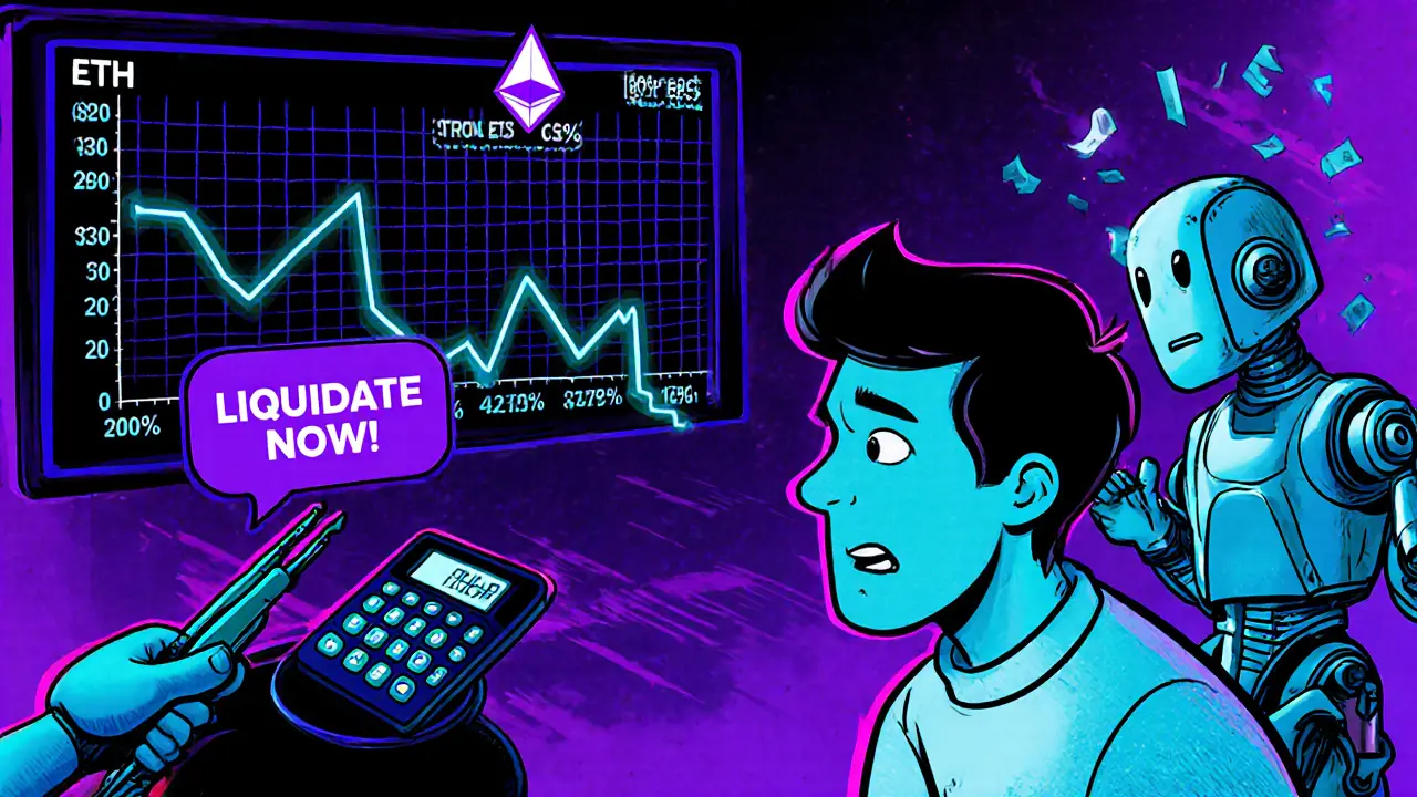 Animated scene of a crypto user losing ETH to a robotic liquidator during a price crash.