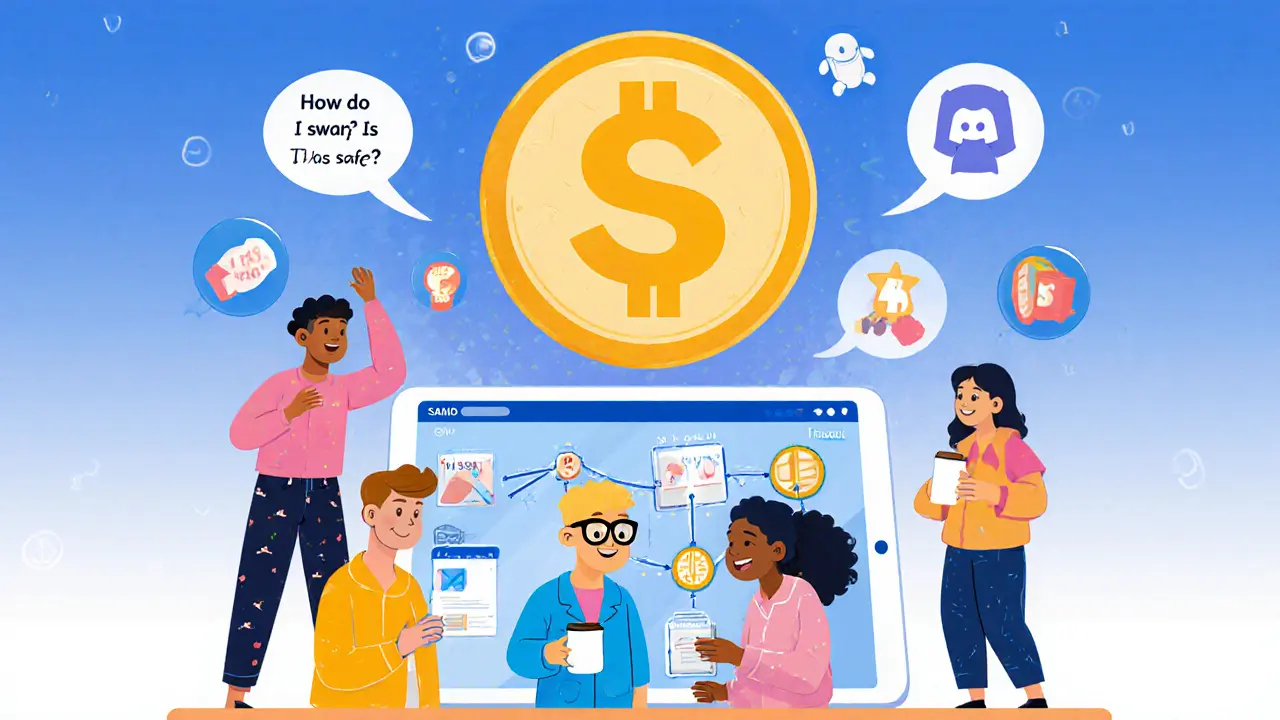 Beginners learn crypto together with SAMO tokens and Solana tools displayed on a tablet.