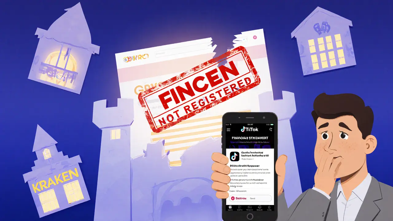 Confused person looking at a scam ad while real exchanges glow safely behind.