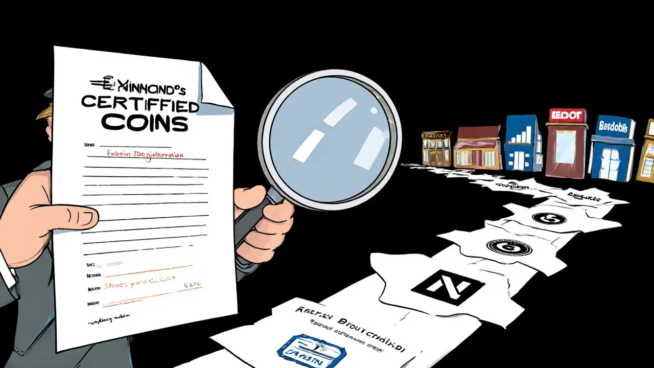 Detective examining clues that prove a crypto exchange doesn&#039;t exist.