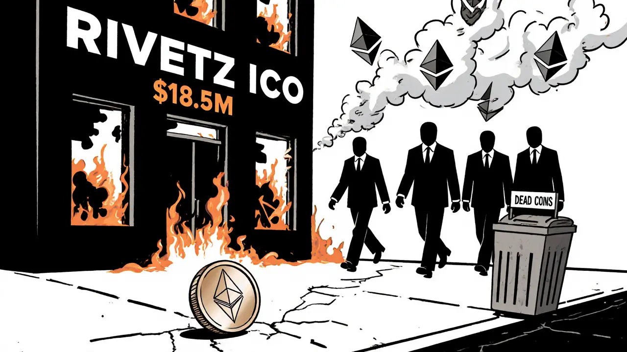Faceless executives walk away from a burning Rivetz ICO building, leaving behind fading crypto icons.